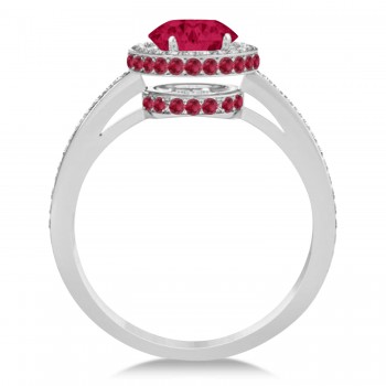 Oval Lab Ruby & Diamond Halo Engagement Ring 14k White Gold (2.00ct)