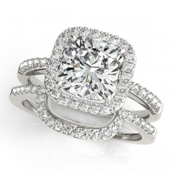 Cushion Cut Square Shape Diamond Halo Bridal Set 14k White Gold (1.17ct)