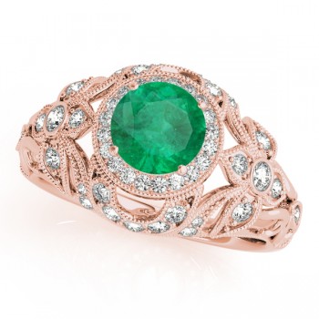 Edwardian Emerald & Diamond Halo Engagement Ring 14k R Gold (1.18ct)