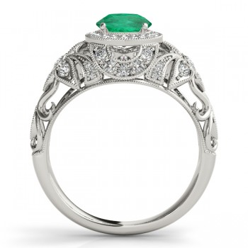 Edwardian Emerald & Diamond Halo Engagement Ring 14k W Gold (1.18ct)