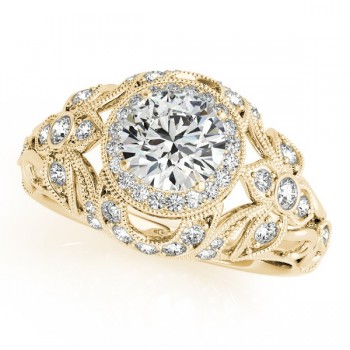 Edwardian Lab Grown Diamond Halo Engagement Ring Floral 14k Yellow Gold 1.20ct