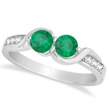 Emerald Diamond Accented Twisted Two Stone Ring 14k White Gold (1.13ct)