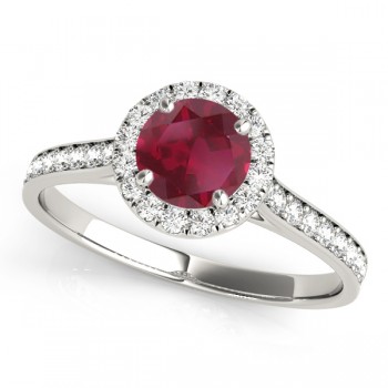 Lab Grown Diamond Halo Lab Ruby Engagement Ring 18k White Gold (1.29ct)