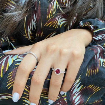 Lab Grown Diamond Halo Lab Ruby Engagement Ring 18k White Gold (1.29ct)