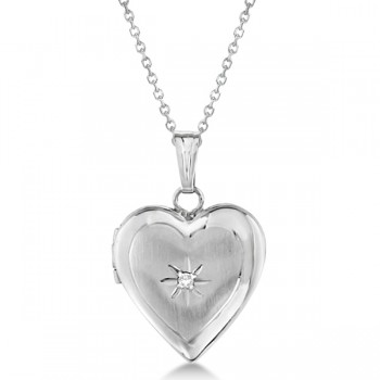 Petite Heart Photo Locket w/ Diamond Accent Women 14k White Gold .01ct