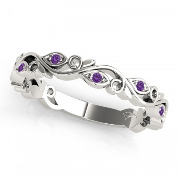 Amethyst Leaf Fashion Ring Wedding Band 14k White Gold (0.05ct)