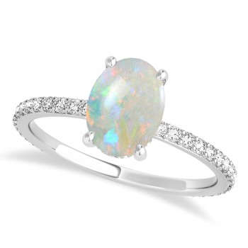 Oval Opal & Diamond Hidden Halo Engagement Ring 14k White Gold (0.76ct)