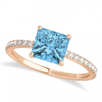 Princess Blue Topaz & Diamond Hidden Halo Engagement Ring 18k Rose Gold (0.89ct)