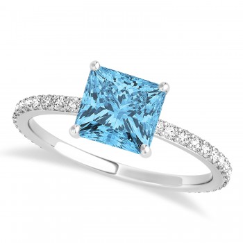 Princess Blue Topaz & Diamond Hidden Halo Engagement Ring 18k White Gold (0.89ct)