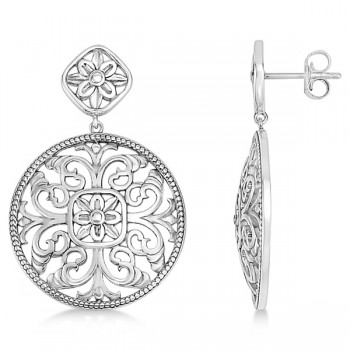 Filigree Design Drop Earrings in Plain Metal 14k White Gold