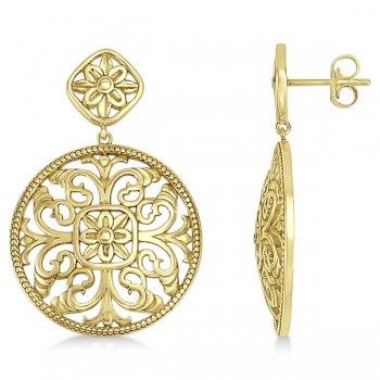 Filigree Design Drop Earrings in Plain Metal 14k Yellow Gold