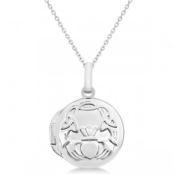 Round Claddagh Locket Pendant Necklace in 14k White Gold