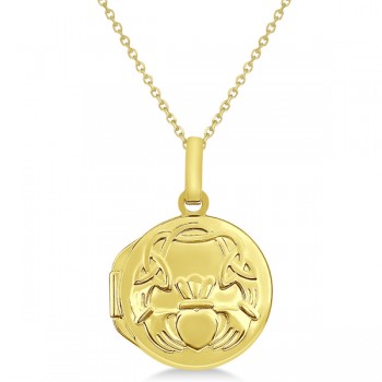 Round Claddagh Locket Pendant Necklace in 14k Yellow Gold