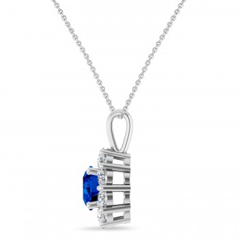 Round Lab Grown Blue Sapphire & Diamond Halo Pendant 14K White Gold (1.71ct)