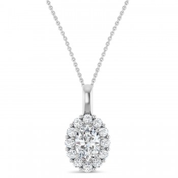 Oval Lab Grown Diamond Halo Pendant 14K White Gold (0.74ct)