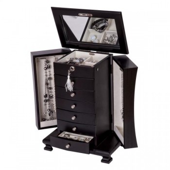 Java Finish Upright Wooden Jewelry Box. Drawers, Mirror, Locking Top