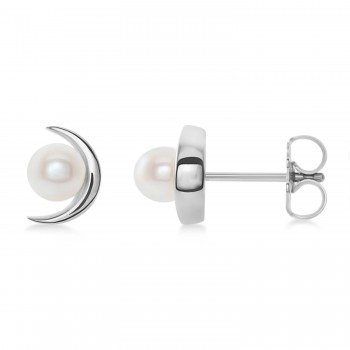 Crescent Moon Freshwater Pearl Earrings 14k White Gold (4.0-4.5 mm)