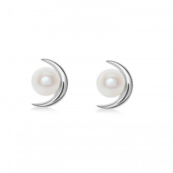 Crescent Moon Freshwater Pearl Earrings 14k White Gold (4.0-4.5 mm)