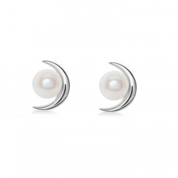 Crescent Moon Freshwater Pearl Earrings 925 Sterling Silver (4.0-4.5 mm)