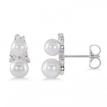 Pearl & Diamond Climber Earrings 14k White Gold  (5-5.5mm 0.80ctw)