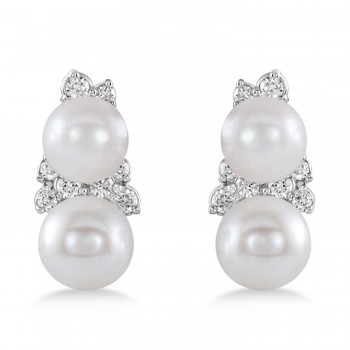 Pearl & Diamond Climber Earrings 14k White Gold  (5-5.5mm 0.80ctw)
