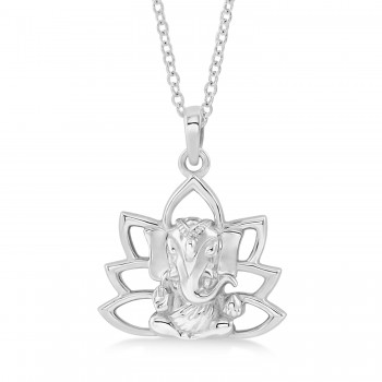 Hindu Deity Ganesha Pendant Necklace 14k White Gold
