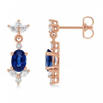 Blue Sapphire Dangling Earrings Diamonds on Edge 14k Rose Gold (1.78ct)