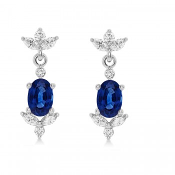 Blue Sapphire Dangling Earrings Diamonds on Edge 14k White Gold (1.78ct)