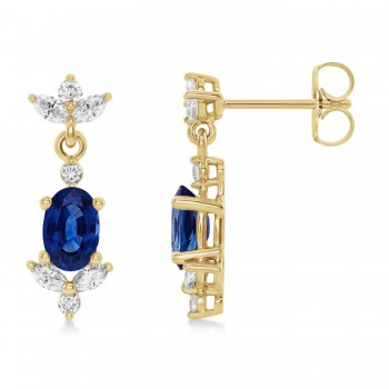 Blue Sapphire Dangling Earrings Diamonds on Edge 14k Yellow Gold (1.78ct)