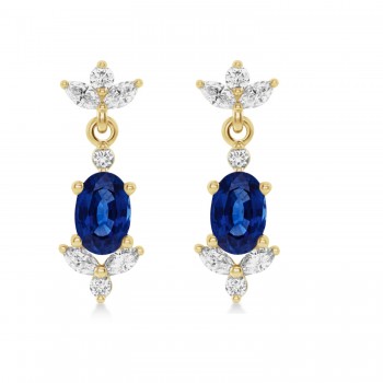 Blue Sapphire Dangling Earrings Diamonds on Edge 14k Yellow Gold (1.78ct)