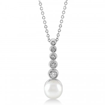 Diamond & Akoya Pearl Bar Pendant Necklace 14k White Gold (6.50mm)