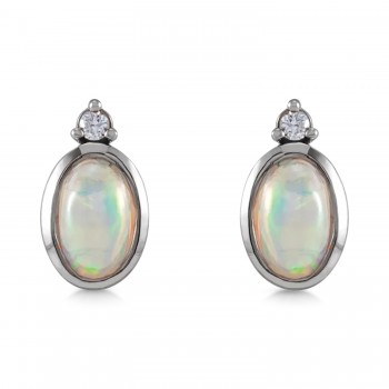 Oval Natural Cabochon Ethiopian Opal & Diamond Stud Earrings 14K White Gold (0.34ct)