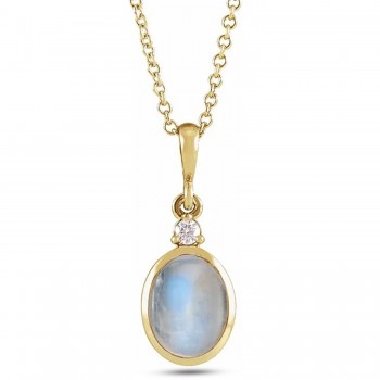 Oval Natural Rainbow Moonstone & Diamond Pendant Necklace 14K Yellow Gold (0.62ct)
