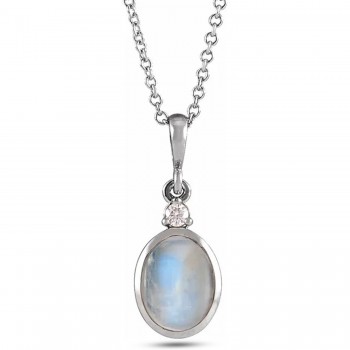 Oval Natural Rainbow Moonstone & Diamond Pendant Necklace 14K White Gold (0.62ct)