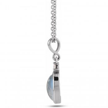 Oval Natural Rainbow Moonstone & Diamond Pendant Necklace 14K White Gold (0.62ct)