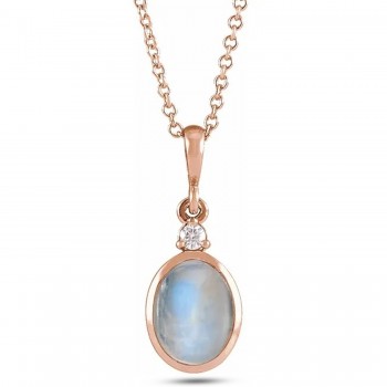 Oval Natural Rainbow Moonstone & Diamond Pendant Necklace 14K Rose Gold (0.62ct)