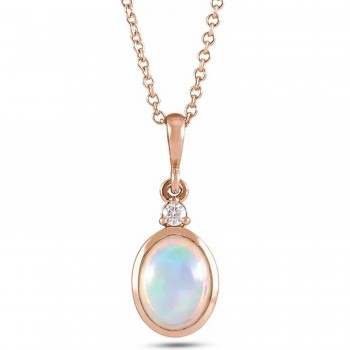 Oval Natural White Ethiopian Opal & Diamond Pendant Necklace 14K Rose Gold (0.33ct)