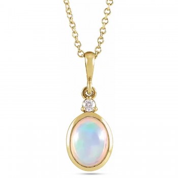Oval Natural White Ethiopian Opal & Diamond Pendant Necklace 14K Yellow Gold (1.57ct)
