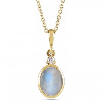 Oval Natural Rainbow Moonstone & Diamond Pendant Necklace 14K Yellow Gold (1.63ct)
