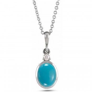 Oval Natural Turquoise & Diamond Pendant Necklace 14K White Gold (0.41ct)