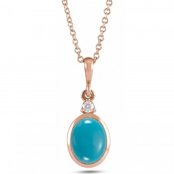 Oval Natural Turquoise & Diamond Pendant Necklace 14K Rose Gold (0.41ct)