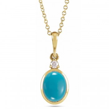 Oval Natural Turquoise & Diamond Pendant Necklace 14K Yellow Gold (2.03ct)