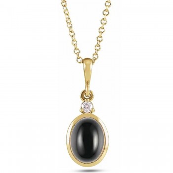 Oval Natural Onyx & Diamond Pendant Necklace 14K Yellow Gold (0.33ct)