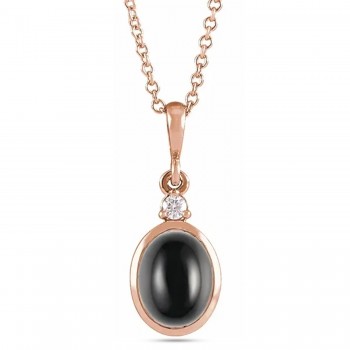 Oval Natural Onyx & Diamond Pendant Necklace 14K Rose Gold (2.03ct)