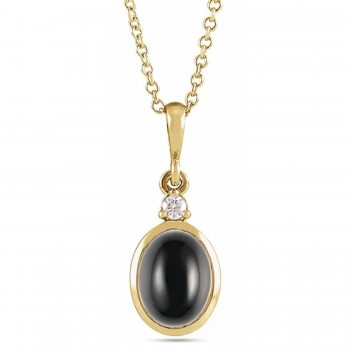 Oval Natural Onyx & Diamond Pendant Necklace 14K Yellow Gold (2.03ct)