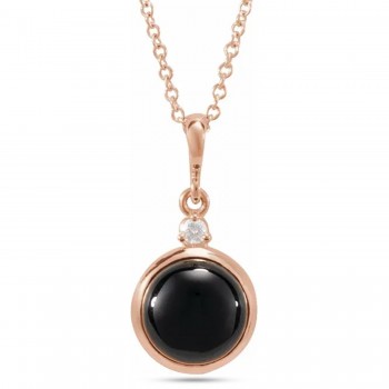 Round Natural Onyx & Diamond Pendant Necklace 14K Rose Gold (1.53ct)