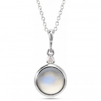 Round Natural Rainbow Moonstone & Diamond Pendant Necklace 14K White Gold (2.53ct)