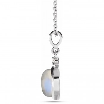 Round Natural Rainbow Moonstone & Diamond Pendant Necklace 14K White Gold (2.53ct)