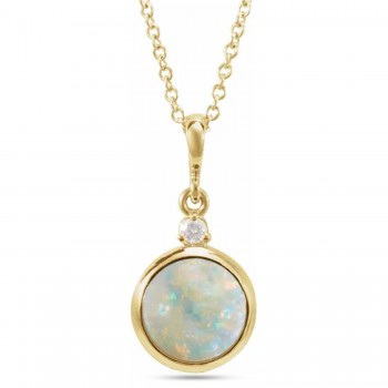 Round Natural White Opal & Diamond Pendant Necklace 14K Yellow Gold (1.11ct)