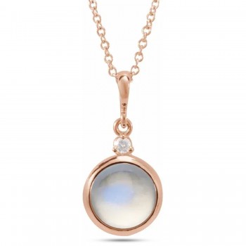 Round Natural Rainbow Moonstone & Diamond Pendant Necklace 14K Rose Gold (2.53ct)